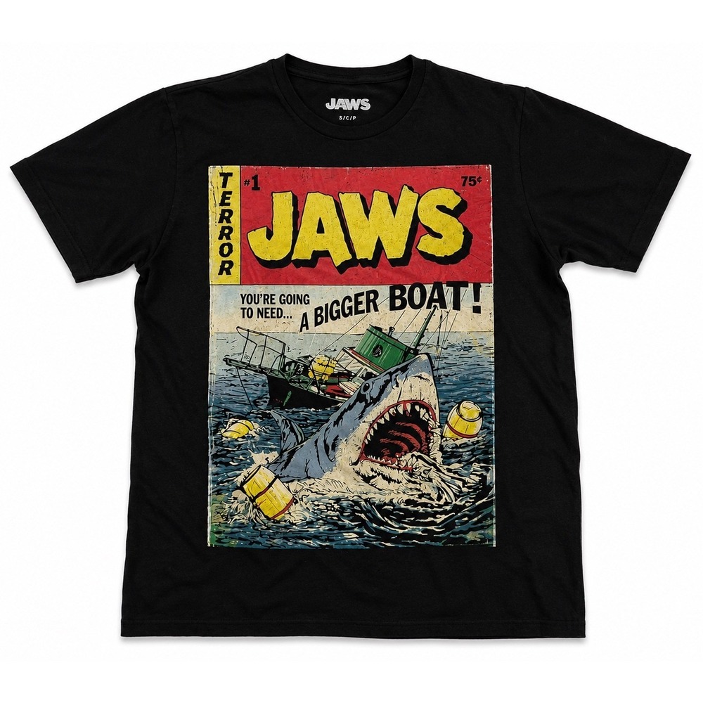 Jaws Movie Graphic T-Shirt Kids Small Black Comic Book Style Shark Bigger Boat